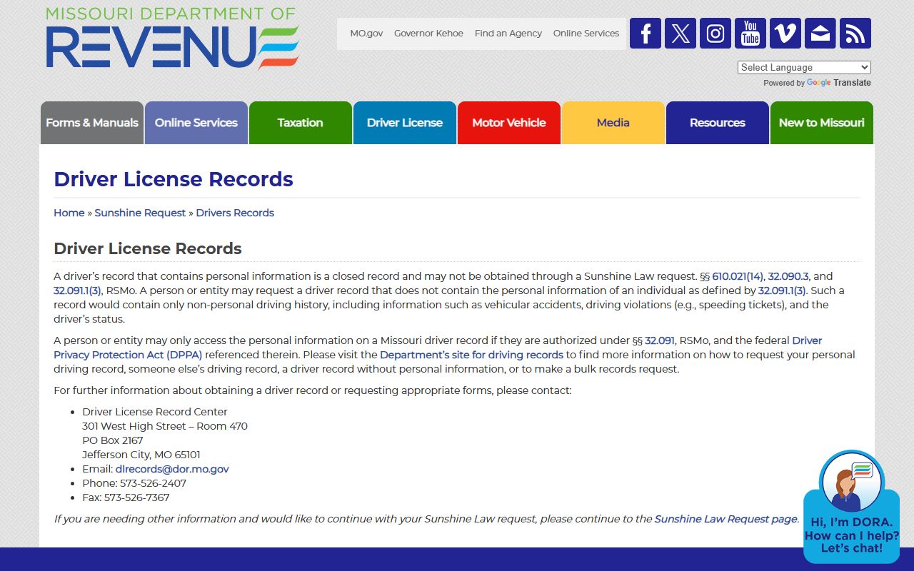 Livingston County traffic court records Missouri DOR driver record access page